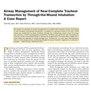 Airway Management of Near-Complete Tracheal Transection by Through-the-Wound Intubation: A Case Report