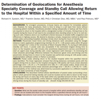 Determination of Geolocations for Anesthesia Specialty Coverage and Standby Call Allowing Return to the Hospital Within a Specified Amount of Time.