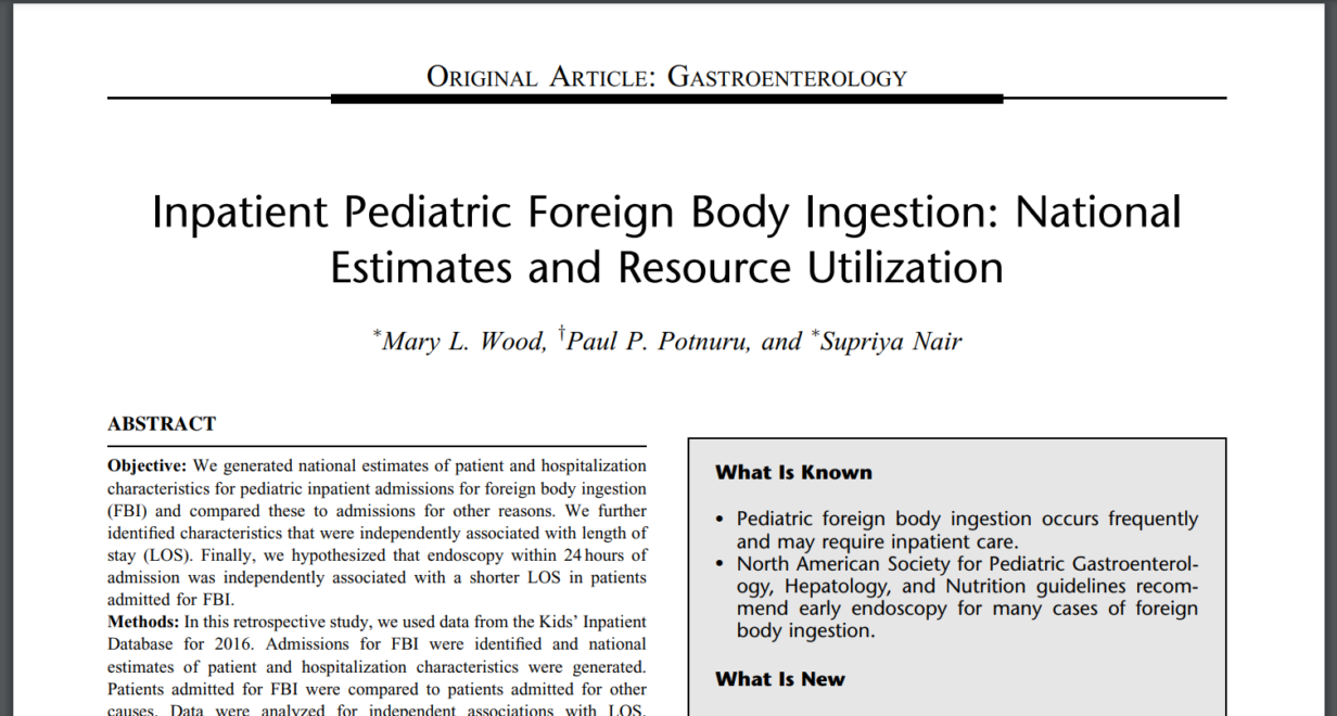 Inpatient Pediatric Foreign Body Ingestion: National Estimates and Resource Utilization