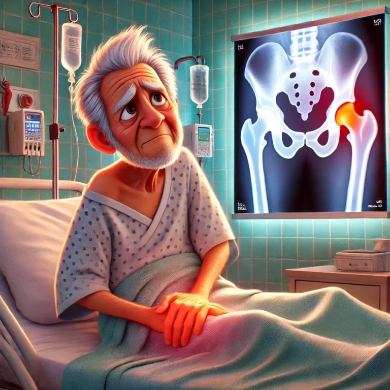 Elderly patient in a hospital bed with a right fragility hip fracture causing pain